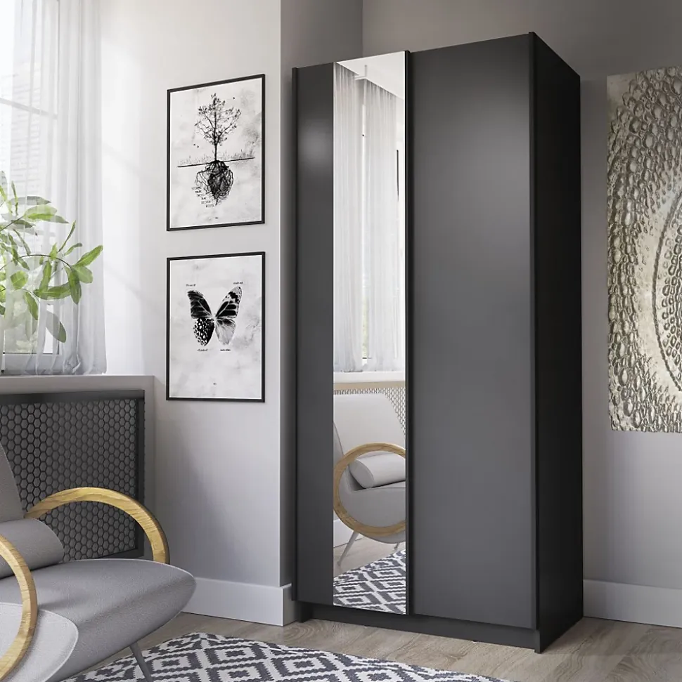 Armoire LYSIA 80 cm noir mat 2 portes coulissantes avec miroir