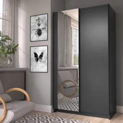 Armoire LYSIA 100 cm noir mat 2 portes coulissantes avec miroir