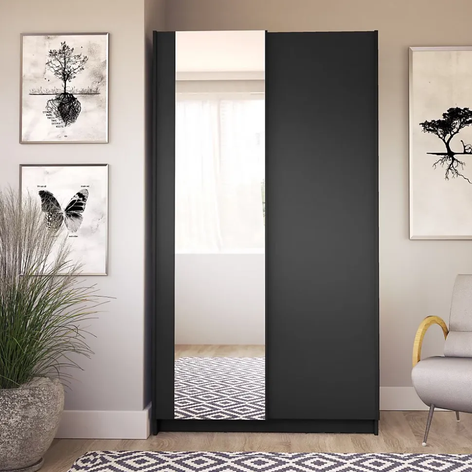 Armoire LYSIA 100 cm noir mat 2 portes coulissantes avec miroir