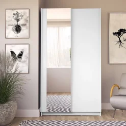 Armoire LYSIA 2 portes coulissantes avec miroir 100 x 182 x 55 cm Coloris blanc