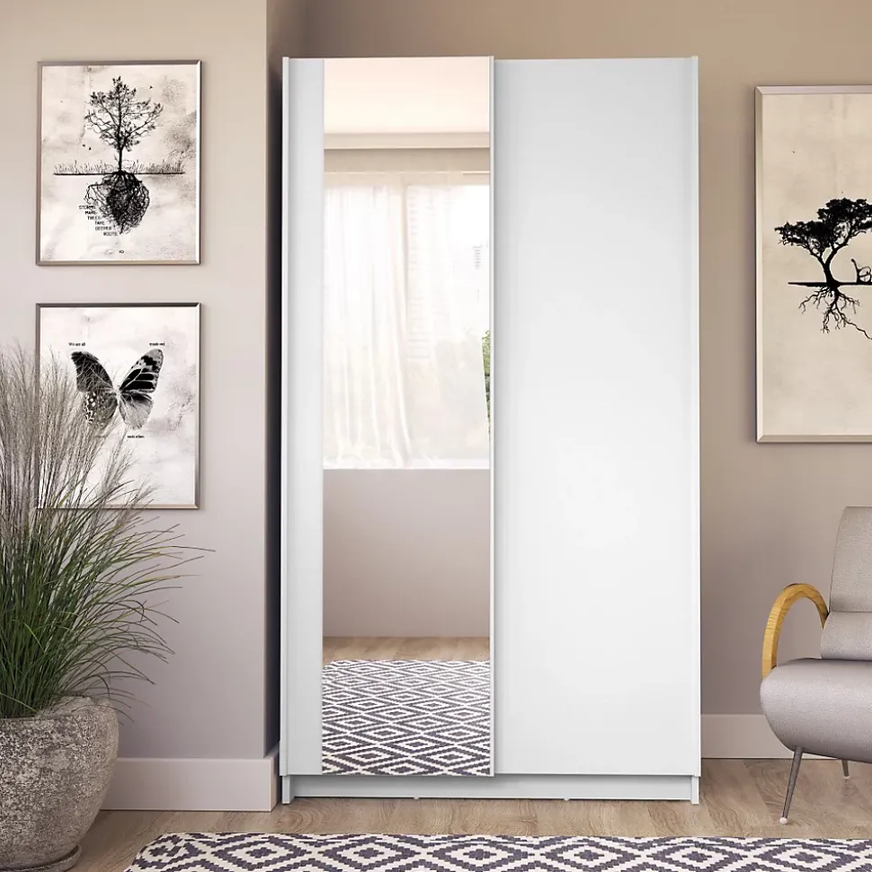 Armoire LYSIA 2 portes coulissantes avec miroir 100 x 182 x 55 cm Coloris blanc