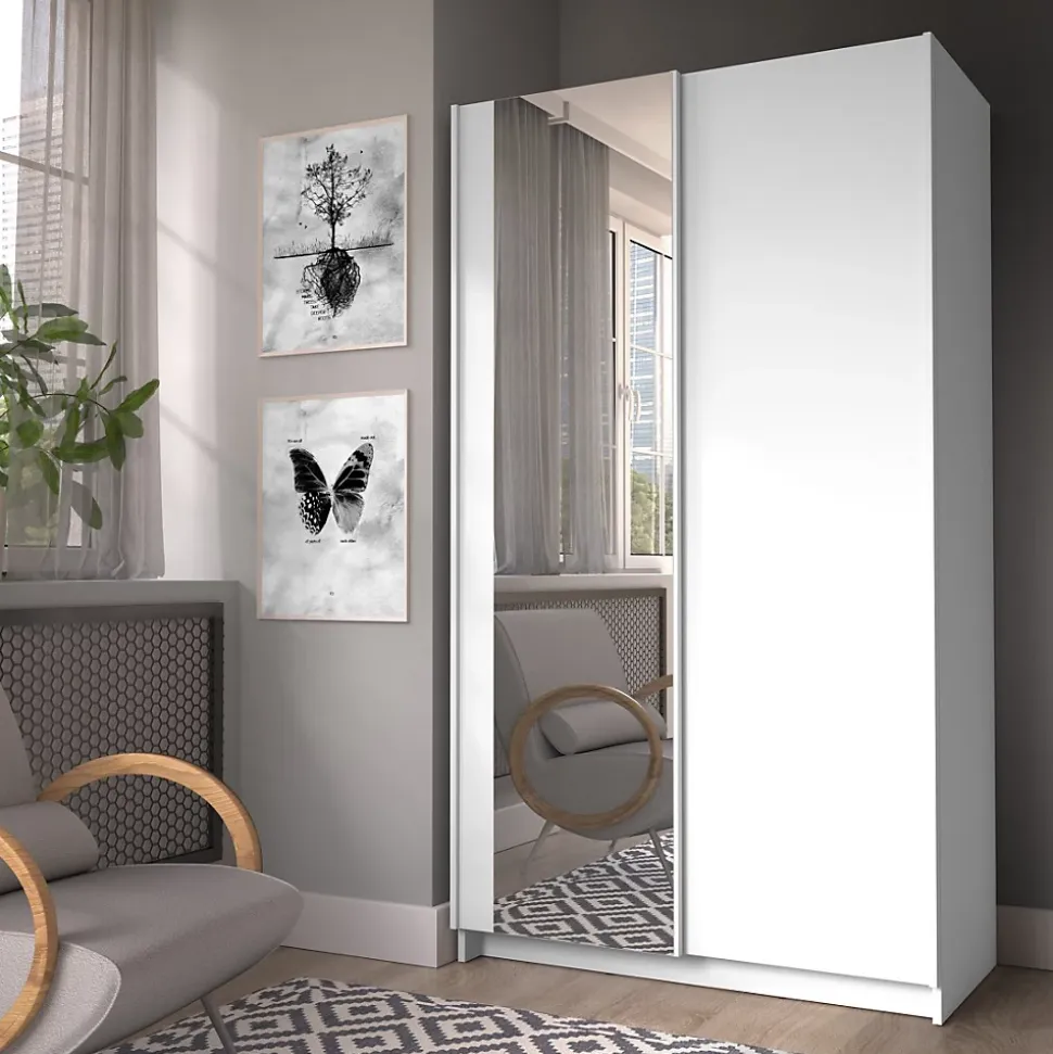 Armoire LYSIA 2 portes coulissantes avec miroir 100 x 182 x 55 cm Coloris blanc