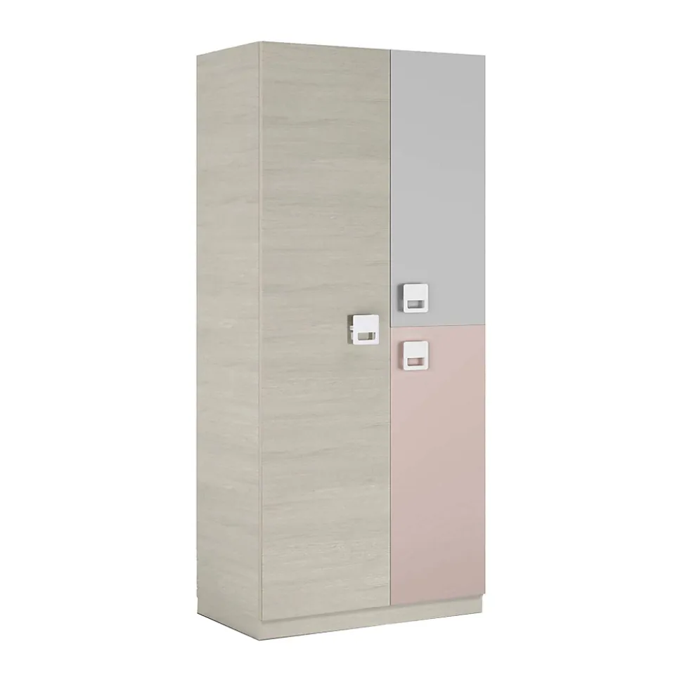 Armoire Manchester, armoire de chambre, armoire avec 3 portes et 3 Etageres avec tringle à vêtements, 90x52h200 cm, gris et rose