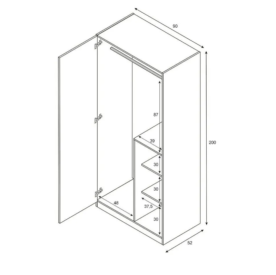 Armoire Manchester, armoire de chambre, armoire avec 3 portes et 3 Etageres avec tringle à vêtements, 90x52h200 cm, gris et rose