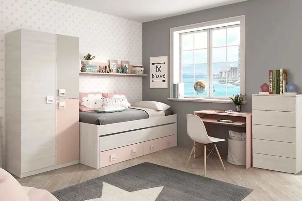 Armoire Manchester, armoire de chambre, armoire avec 3 portes et 3 Etageres avec tringle à vêtements, 90x52h200 cm, gris et rose
