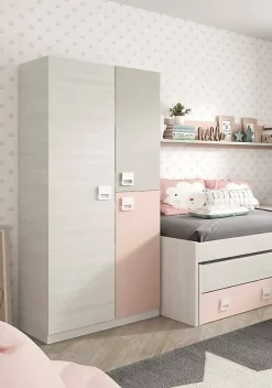 Armoire Manchester, armoire de chambre, armoire avec 3 portes et 3 Etageres avec tringle à vêtements, 90x52h200 cm, gris et rose