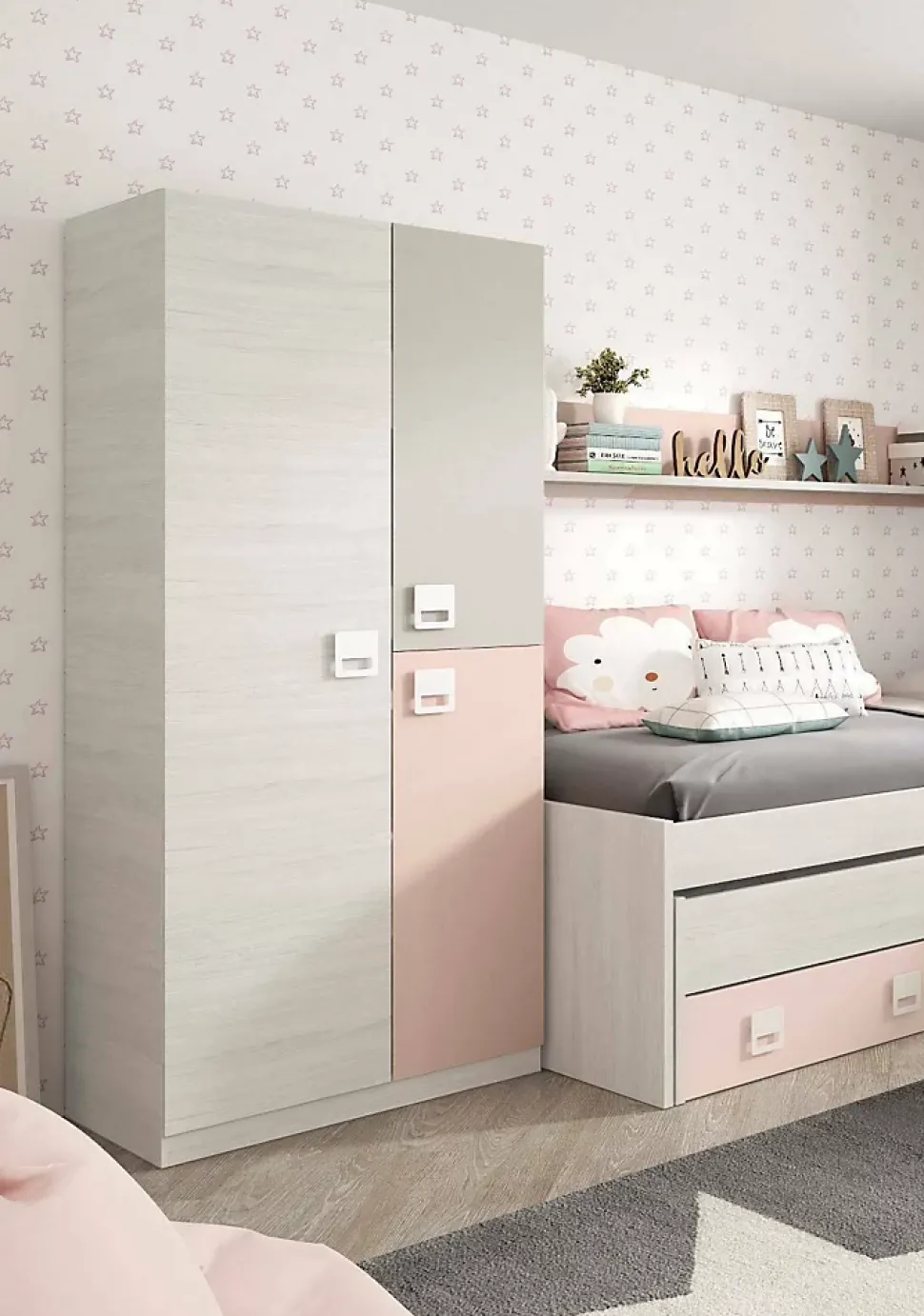 Armoire Manchester, armoire de chambre, armoire avec 3 portes et 3 Etageres avec tringle à vêtements, 90x52h200 cm, gris et rose