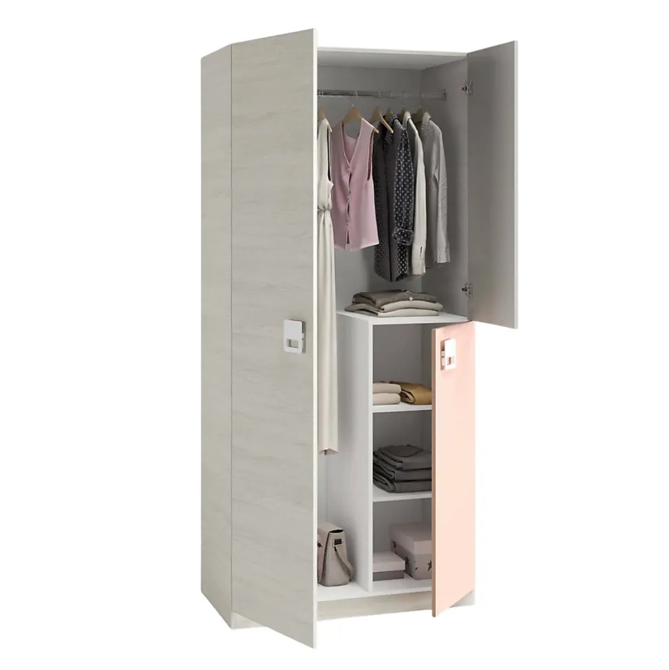 Armoire Manchester, armoire de chambre, armoire avec 3 portes et 3 Etageres avec tringle à vêtements, 90x52h200 cm, gris et rose