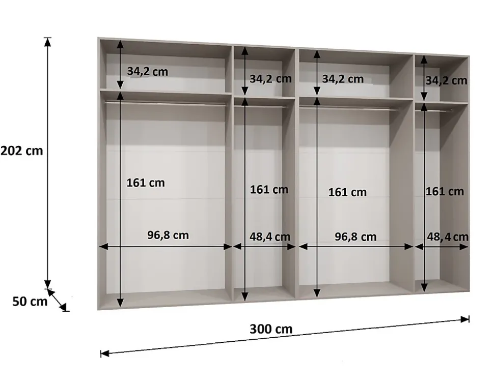 Armoire Marbella 1 a portes battantes H. 202 x L.300 x P. 52, 6 portes