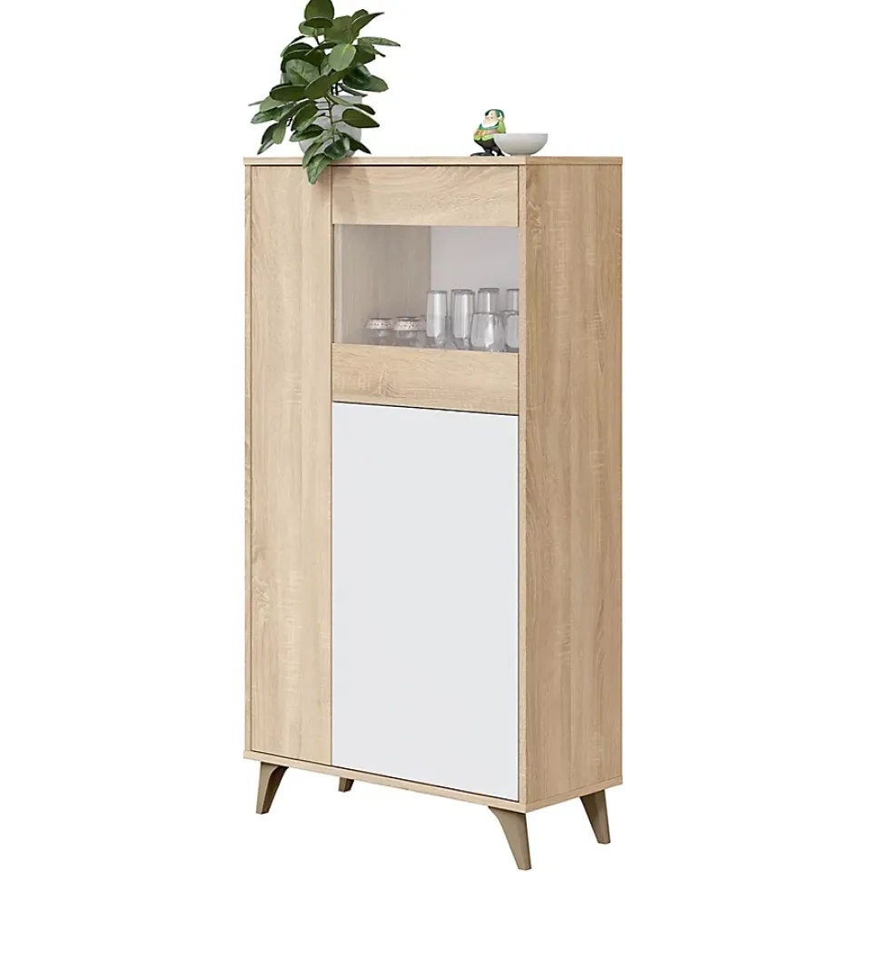 Armoire meuble de rangement vitrine en mélamine coloris chêne Canadian blanc artik