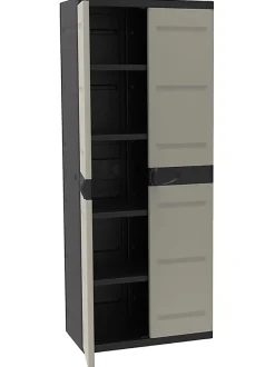 Armoire meuble de rangement 2 portes intérieur/extérieur coloris noir/taupe - Longueur 70 x Profondeur 44 x Hauteur 176 cm