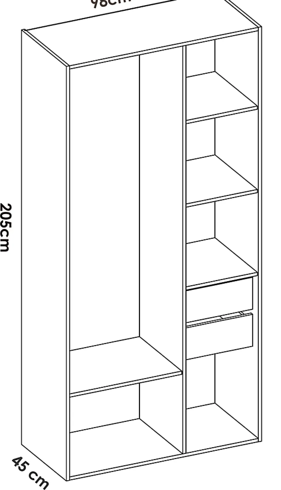 Armoire, meuble de rangement avec 2 tiroirs coloris chêne naturel, blanc - Longueur 98 x Profondeur 45 x Hauteur 205 cm
