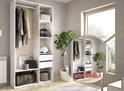 Armoire, meuble de rangement avec 2 tiroirs coloris chêne naturel, blanc - Longueur 98 x Profondeur 45 x Hauteur 205 cm