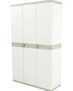 Armoire meuble de rangement 3 portes intérieur/extérieur coloris beige - L. 105 X P. 44 X H. 176 Cm