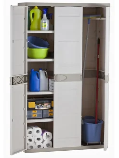 Armoire meuble de rangement 3 portes intérieur/extérieur coloris beige - L. 105 X P. 44 X H. 176 Cm