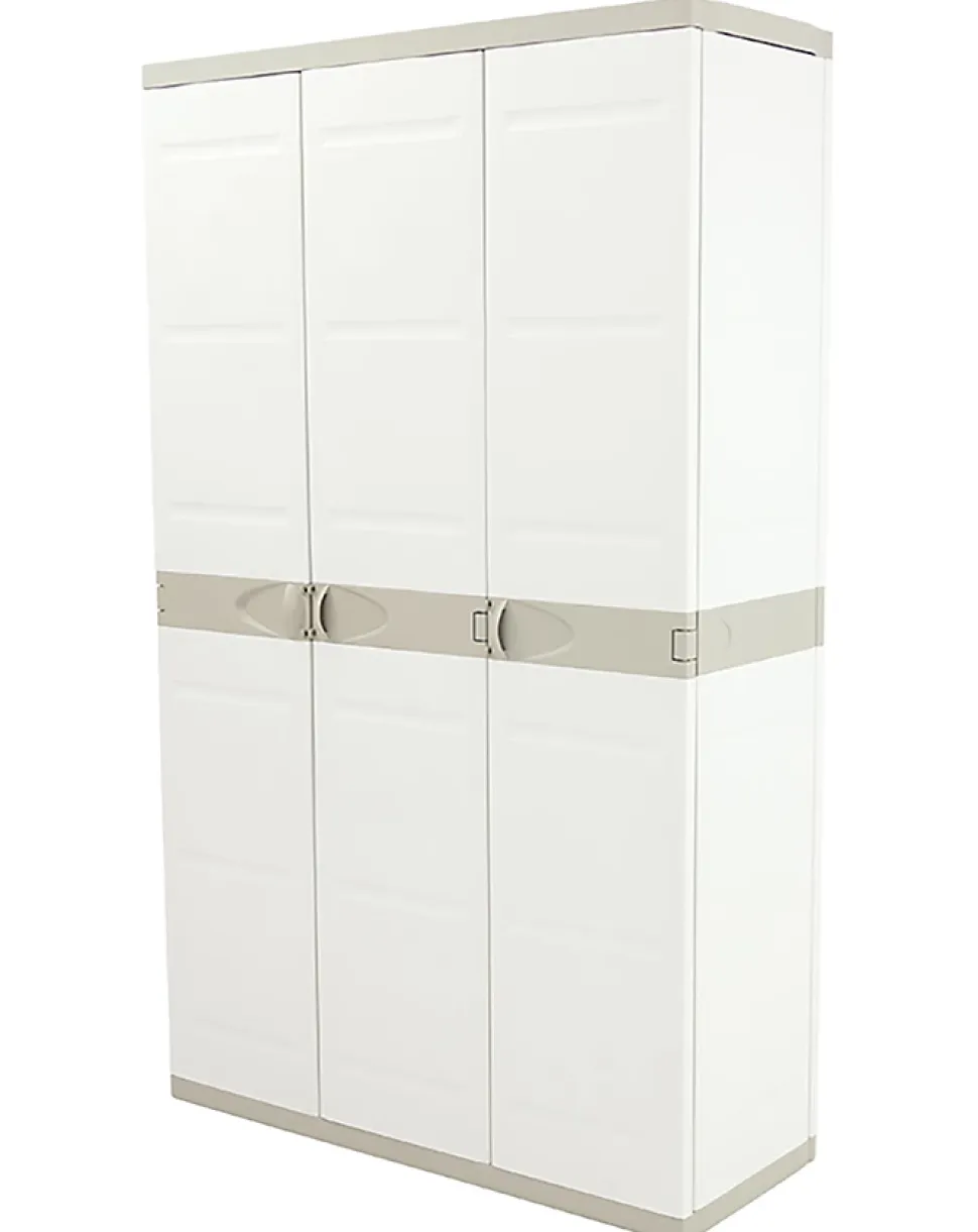 Armoire meuble de rangement 3 portes intérieur/extérieur coloris beige - L. 105 X P. 44 X H. 176 Cm