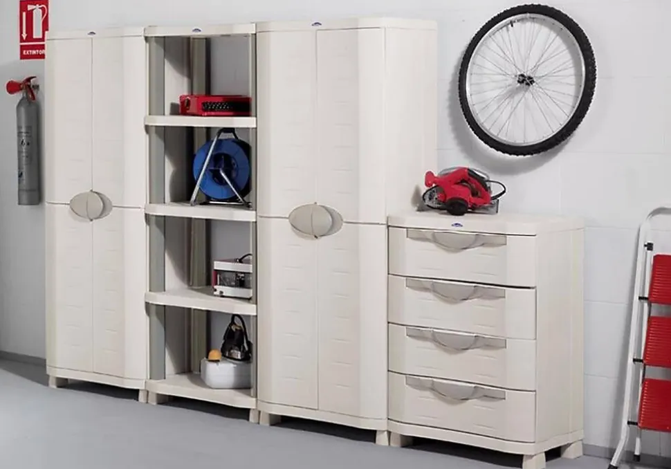 Armoire meuble de rangement 2 portes intérieur/extérieur coloris beige - Longueur 70 x Profondeur 45 x Hauteur 184 cm