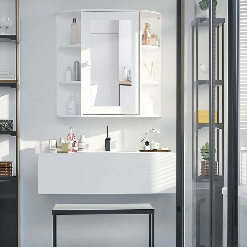 Armoire murale salle de bain blanche avec miroir, 8 compartiments, meuble suspendu multifonction, 66 x 17 x 63 cm