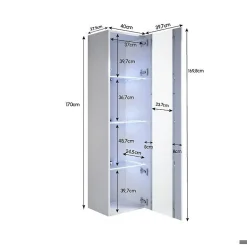 Armoire Murale Vitrine LED - 40 x 170 x 29cm - Blanc Finition brillante - 4 compartiments 4 vitrines - Rangement - NORA V5