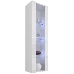 Armoire Murale Vitrine LED - 40 x 170 x 29cm - Blanc Finition brillante - 4 compartiments 4 vitrines - Rangement - NORA V5