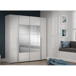Armoire NARAGO Blanc Mat 200x61x210 cm 4 portes miroir 10 tablettes 2 tringles