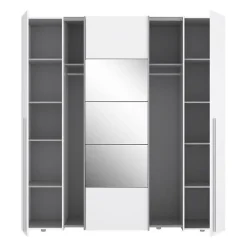 Armoire NARAGO Blanc Mat 200x61x210 cm 4 portes miroir 10 tablettes 2 tringles