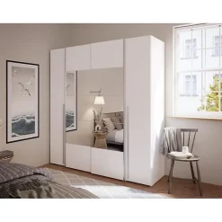 Armoire NARAGO Blanc Mat 200x61x210 cm 4 portes miroir 10 tablettes 2 tringles