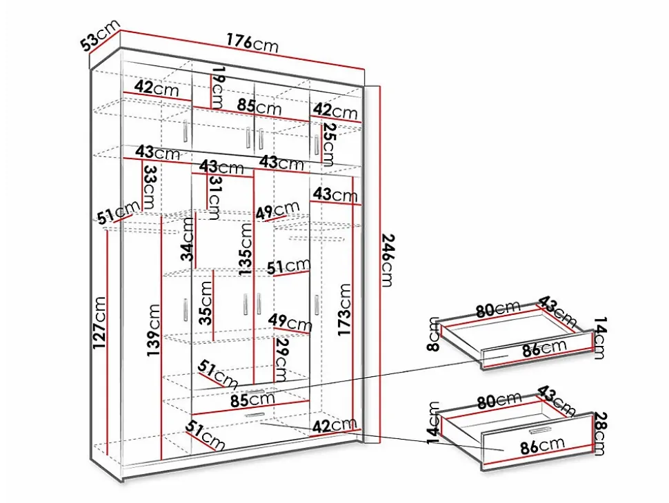 Armoire Novduni 106, Nombre d'étagères: 8, 246x177x53cm