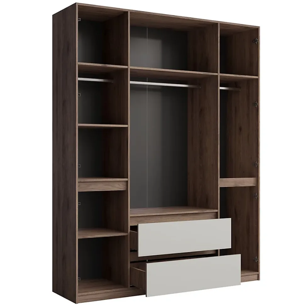 Armoire NUBIA 180 cm noyer et gris 6 portes battantes avec 2 tiroirs