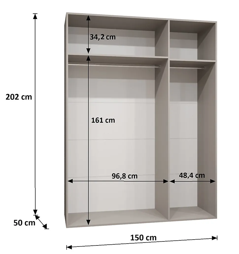 Armoire Parma 1 a portes battantes H. 202 x L.150 x P. 52, 3 portes