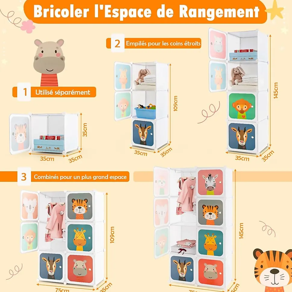 Armoire Penderie à 8 Cubes Modulable en Plastique Bricolées et Empilables avec Portes Charge 10KG pour Salon