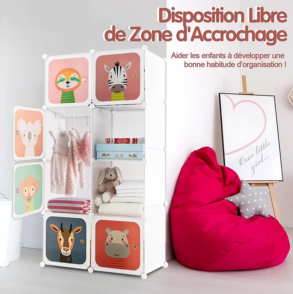 Armoire Penderie à 8 Cubes Modulable en Plastique Bricolées et Empilables avec Portes Charge 10KG pour Salon