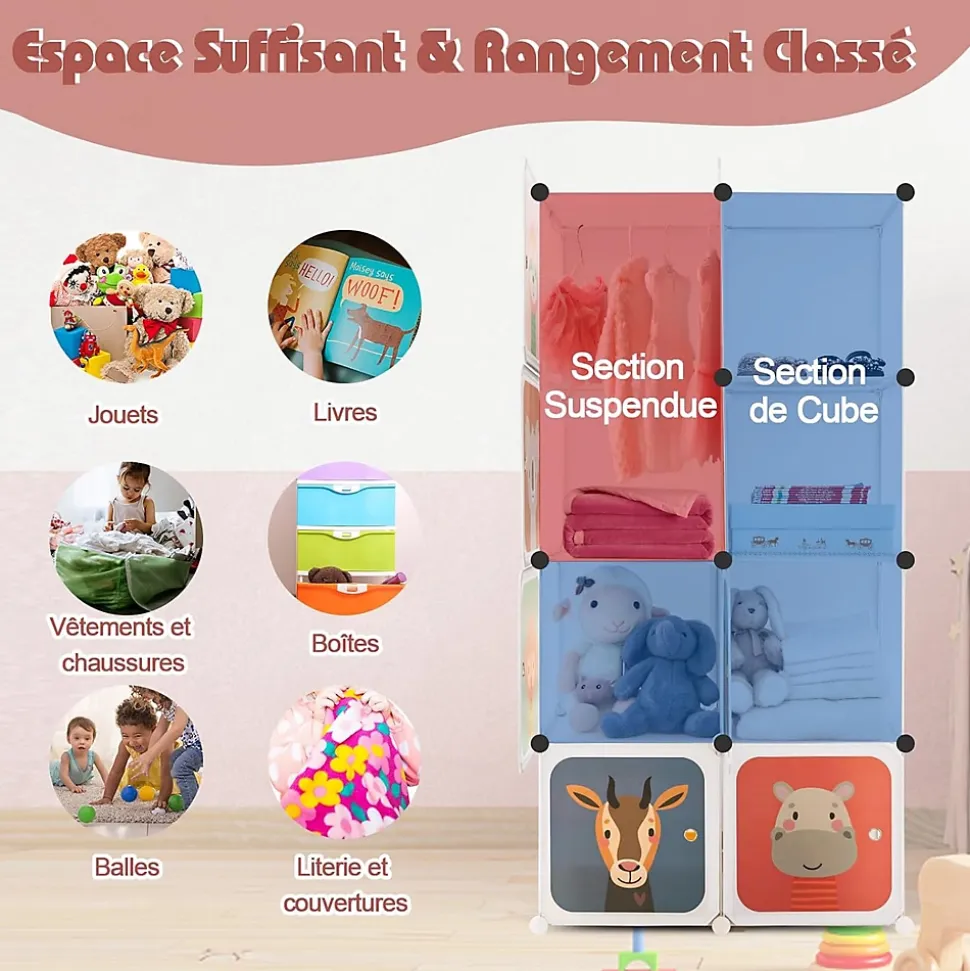 Armoire Penderie à 8 Cubes Modulable en Plastique Bricolées et Empilables avec Portes Charge 10KG pour Salon
