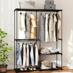 Armoire penderie 3 barres de suspension 4 étagères dim. 142x43x185cm métal pvc non tissé noir