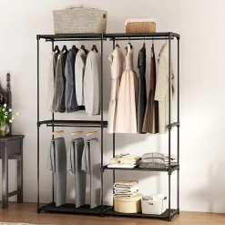 Armoire penderie 3 barres de suspension 4 étagères dim. 142x43x185cm métal pvc non tissé noir