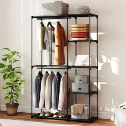 Armoire penderie 2 barres de suspension 6 étagères dim. 111x43x185cm métal pvc non tissé noir