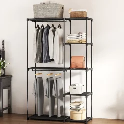 Armoire penderie 2 barres de suspension 6 étagères dim. 111x43x185cm métal pvc non tissé noir