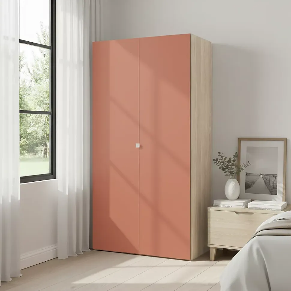 Armoire penderie 2 portes battantes terracotta et effet chêne GoodHome Atomia H. 187 x L. 100 x P. 45 cm