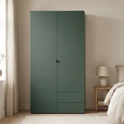 Armoire penderie 2 portes battantes 2 tiroirs vert forêt et effet chêne grisé GoodHome Atomia H. 187 x L. 100 x P. 58 cm