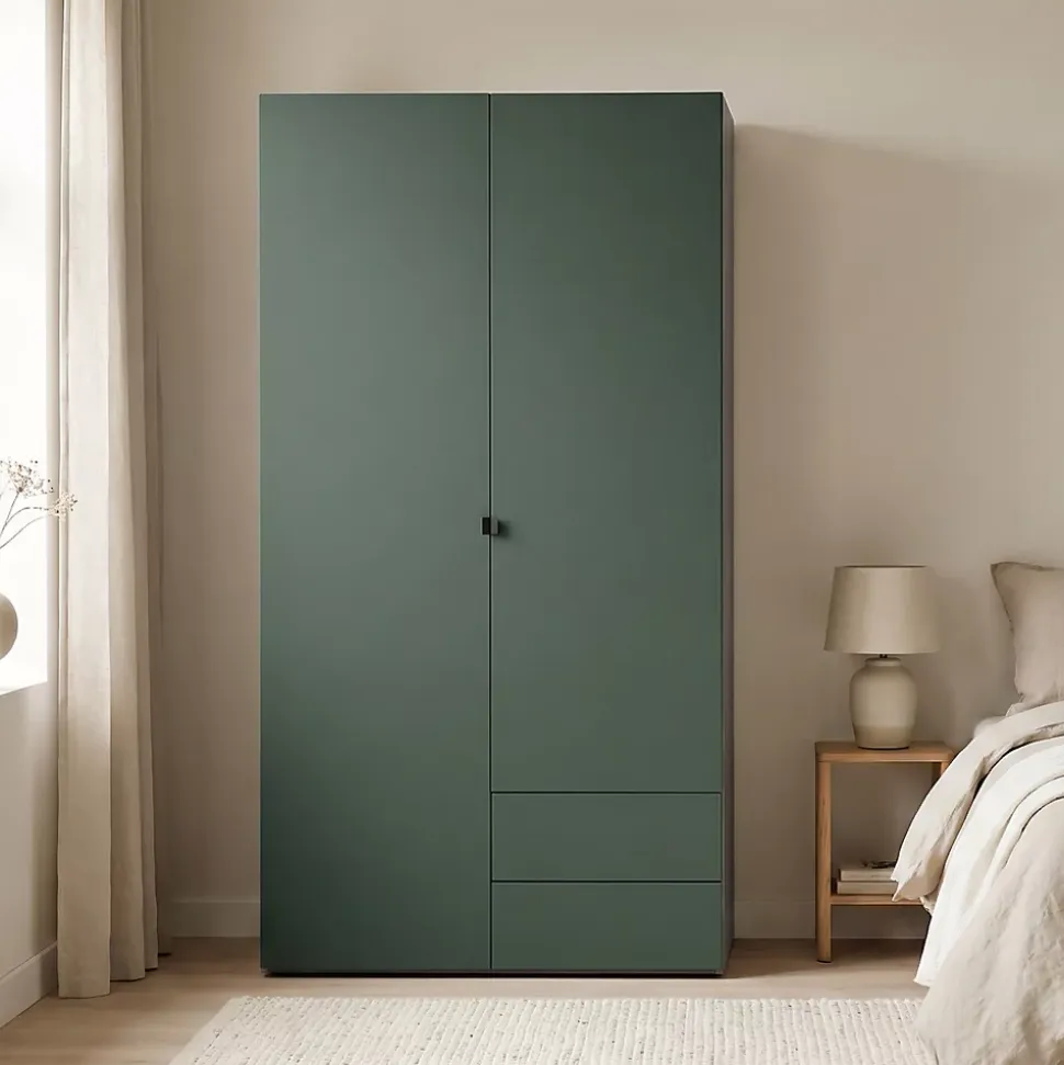 Armoire penderie 2 portes battantes 2 tiroirs vert forêt et effet chêne grisé GoodHome Atomia H. 187 x L. 100 x P. 58 cm