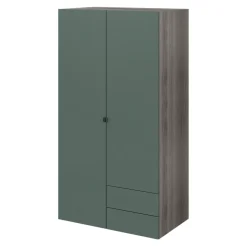 Armoire penderie 2 portes battantes 2 tiroirs vert forêt et effet chêne grisé GoodHome Atomia H. 187 x L. 100 x P. 58 cm