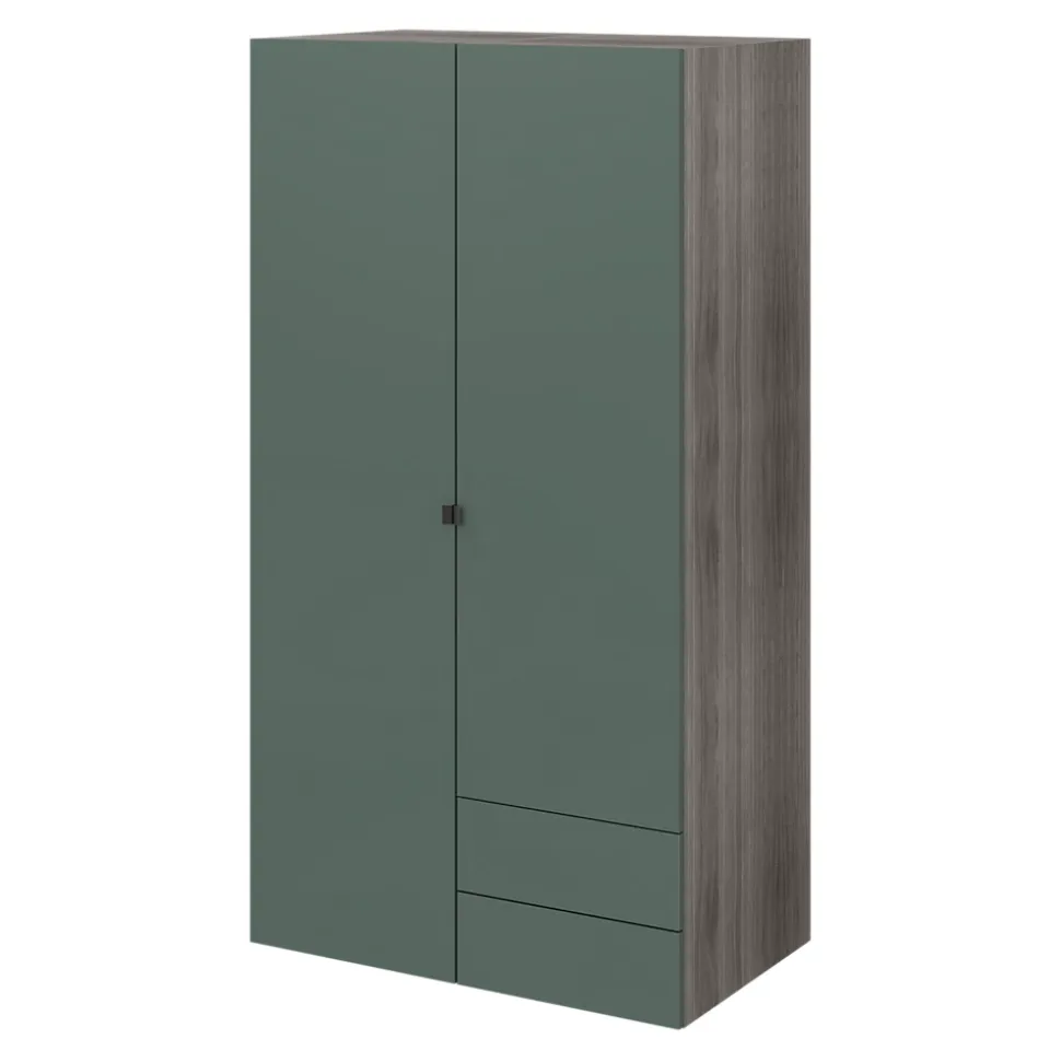 Armoire penderie 2 portes battantes 2 tiroirs vert forêt et effet chêne grisé GoodHome Atomia H. 187 x L. 100 x P. 58 cm