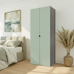 Armoire penderie 2 portes battantes vert agave et effet chêne grisé GoodHome Atomia H. 187 x L. 75 x P. 58 cm