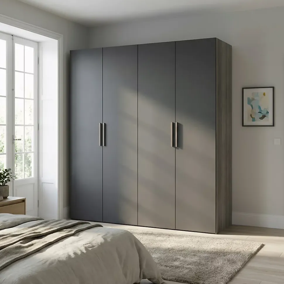 Armoire penderie 4 portes battantes anthracite et effet chêne grisé GoodHome Atomia H. 225 x L. 200 x P. 58 cm