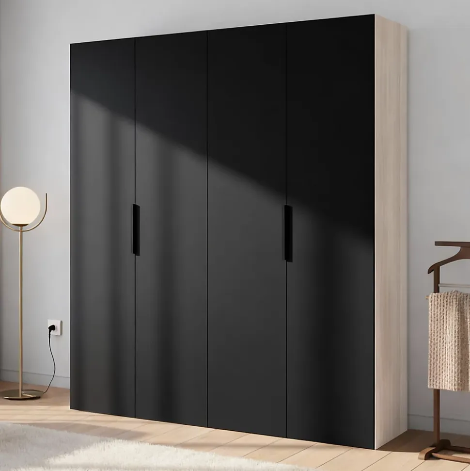 Armoire penderie 4 portes battantes noir et effet chêne GoodHome Atomia H. 225 x L. 200 x P. 45 cm