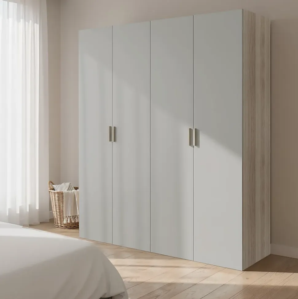 Armoire penderie 4 portes battantes gris clair et effet chêne GoodHome Atomia H. 225 x L. 200 x P. 58 cm