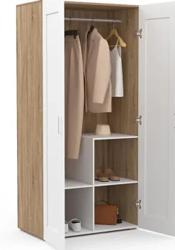 Armoire Penderie 2 Portes Blanc et Bois + Barre de Penderie et Etagères - Rangement Pratique Etagères Escalier Chambre