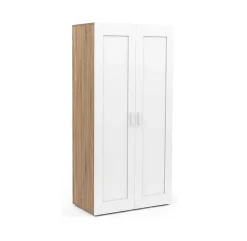 Armoire Penderie 2 Portes Blanc et Bois + Barre de Penderie et Etagères - Rangement Pratique Etagères Escalier Chambre