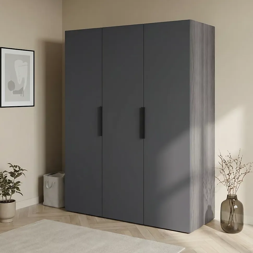 Armoire penderie 3 portes battantes anthracite et effet chêne grisé GoodHome Atomia H. 187 x L. 150 x P. 58 cm