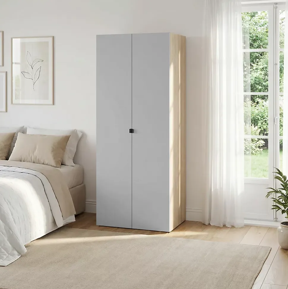 Armoire penderie 2 portes battantes gris clair et effet chêne GoodHome Atomia H. 187,5 x L. 75 x P. 58 cm